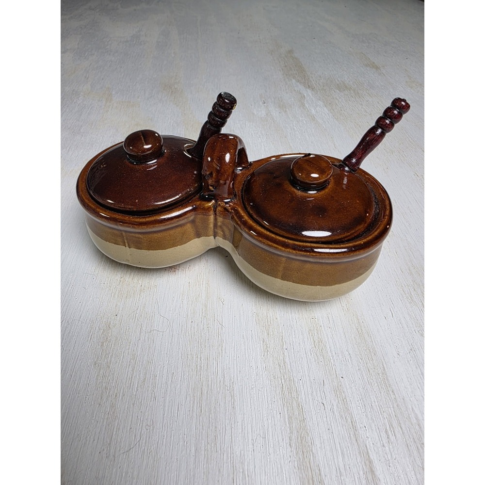 Vintage Pottery Stoneware 3 Tone Condiment Server Bowls w/Lids & 2 Spoons